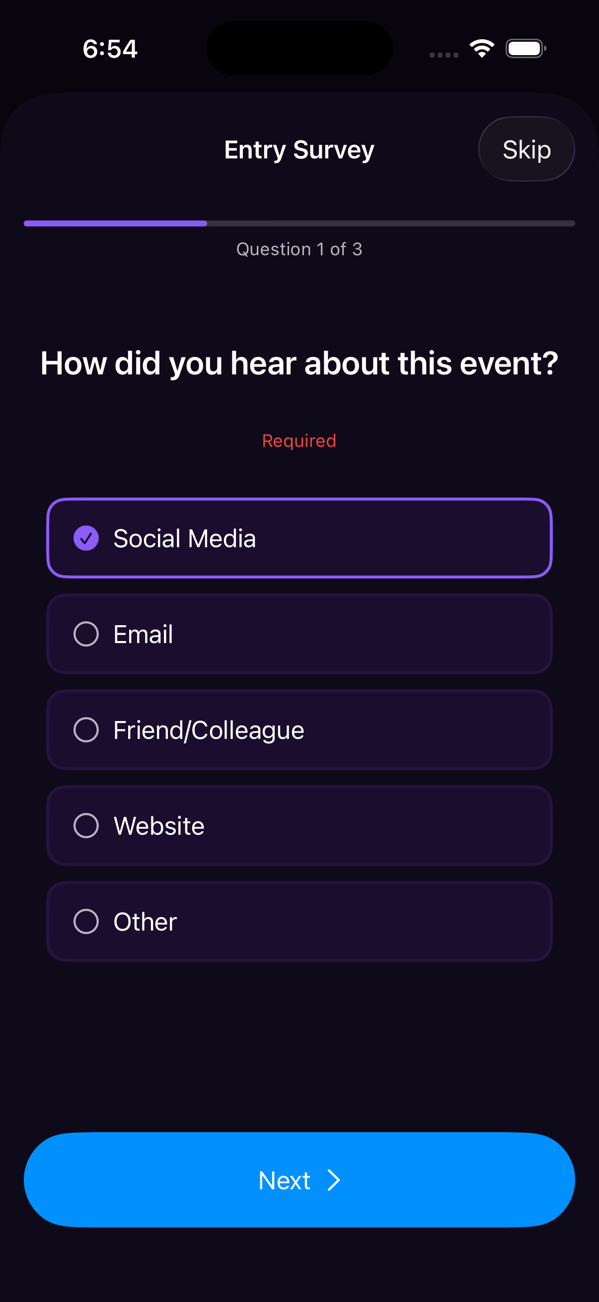 Event Karma iOS app entry survey